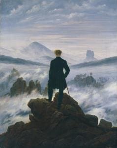 A man scanning the horizon: a symbol of the search for humanism in a world where commodification of creative and intellectual works prevails