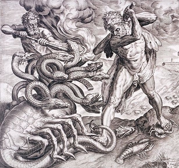 Engraving depicting the hydra of Lerna, mythological subject and inspiration for many poems and stories