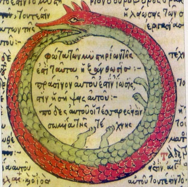 An Ouroboros in a late medieval alchemical writing.