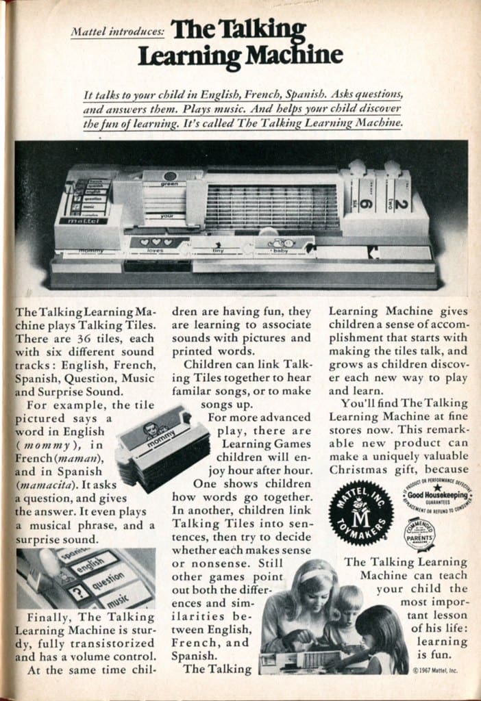 Talking Learning Machine by Mattel in the Readers Digest November 1967, an ancestor of modern Machine Learning systems