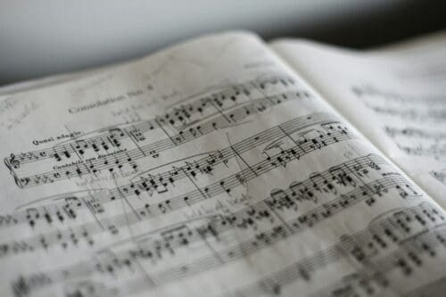A picture of a musical score. The information of tempo, rhythm, melody and harmony form an inseparable whole in music