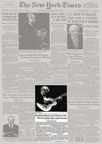 Segovia obituary on the front page of the New York Times. Photo shows the maestro playing at a solo guitar concert