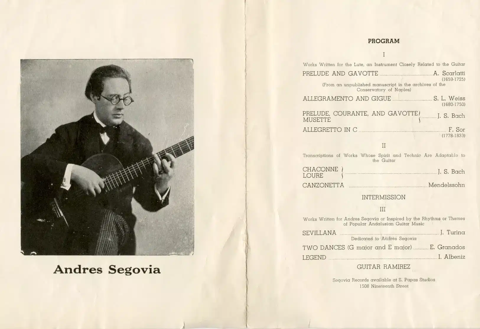 Program of a 1935 guitar concert by Andrés Segovia