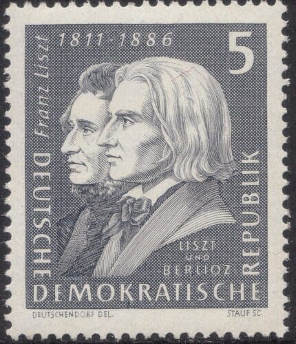 Stamp issued in Germany (GDR) in 1961 to celebrate composers Franz Liszt and Hector Berlioz