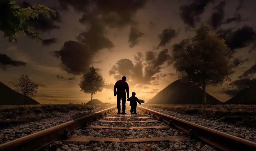 Father and son walking along a railroad track