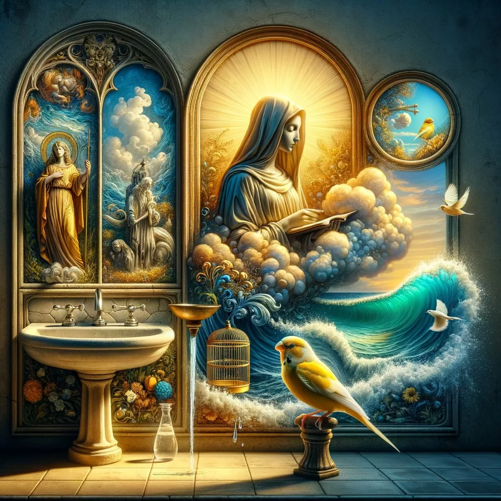 Sogno n.1, dove predominano i temi sacri, ma è presente sempre un canarino, un lavandino e uno specchio.