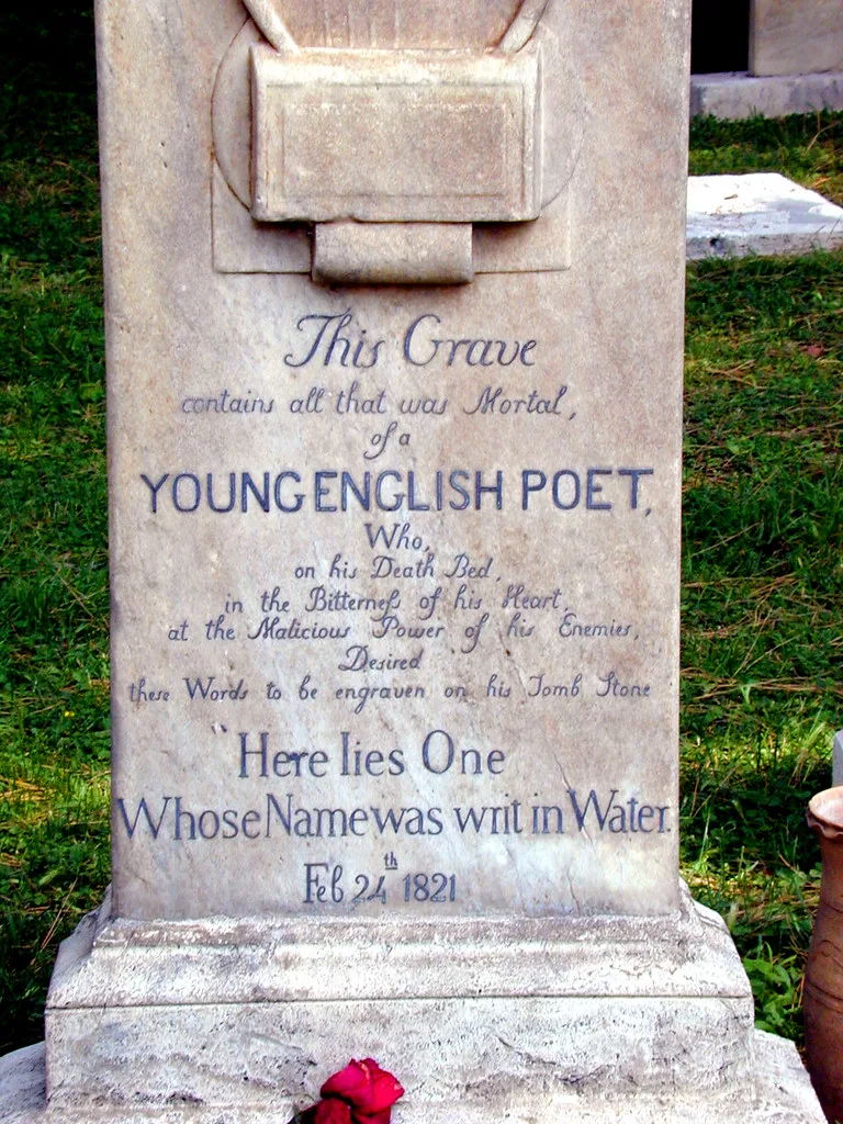 Tombstone of the poet John Keats in Rome. His poetry often recalls images of nostalgia and past loves.