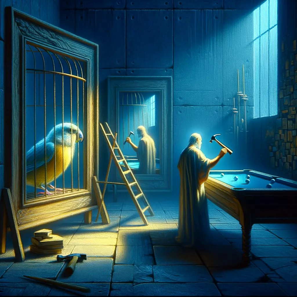 Dream No. 2, where there is always a canary in a cage, a mirror and a man in old clothes that might suggest St. Peter planting nails on a pool table.