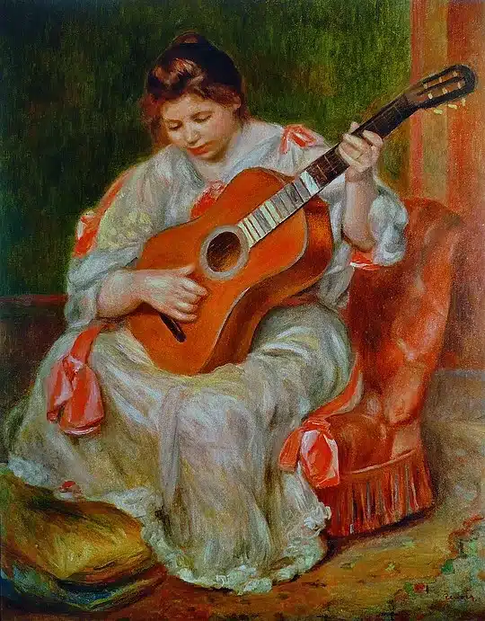 Donna che suona la chitarra in un dipinto di Renoir. Le opere di Fernando Sor facevano ormai parte del repertorio cameristico.